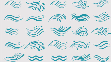 Vector collection of teal wavy lines and water droplets arranged in a grid pattern on a light background