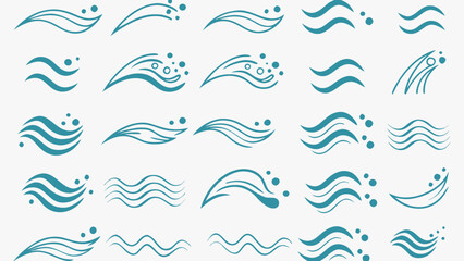 Vector collection of teal wavy lines and water droplet designs arranged in a grid pattern on white background