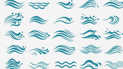 Vector collection of teal wave patterns and water splashes arranged on a white background in a grid format