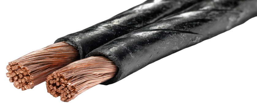 Close-up of black electrical cable with copper wires