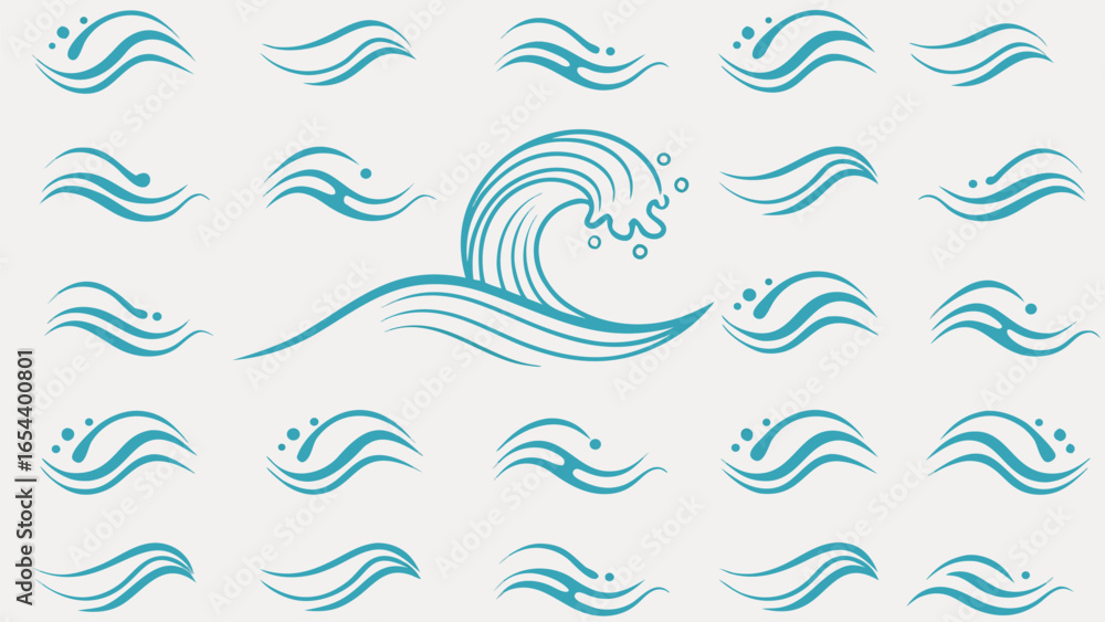 Poster vector collection of multiple blue wave illustrations on a white background with varying shapes and 