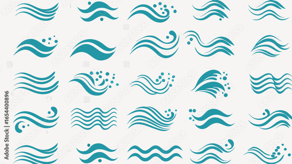 Poster vector illustration of multiple teal wave designs with varying shapes and bubble accents on a white 