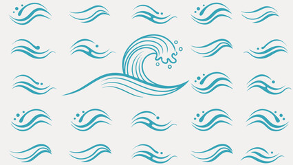 Vector collection of multiple blue wave illustrations on a white background with varying shapes and sizes