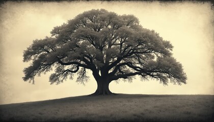 Obraz premium Majestic oak tree stands alone on grassy hillside. Branches reach skyward. Black and white illustration offers vintage, faded look. Symbolizes nature, strength, solitude, and inspiration.