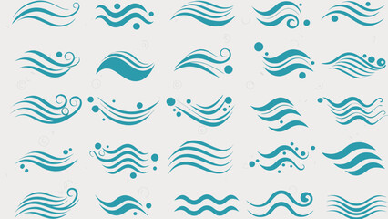 Vector collection of stylized teal water wave designs with varying shapes and configurations on white background