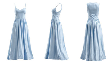 Light blue, sleeveless maxi dress, three-view