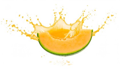 Melon slice with splashing juice, great for summerthemed designs, food and beverage promotions, refreshing concepts, and healthy lifestyle advertisements.