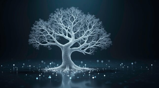 Abstract tree made of light and data glowing white and silver particles branching out and reflecting with earth