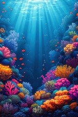 Fototapeta premium A vibrant illustration of an underwater coral reef teeming with marine life, but with no animals present.