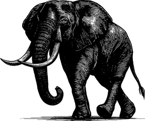 Fototapeta premium Vintage engraved elephant walking with majestic tusks illustration
