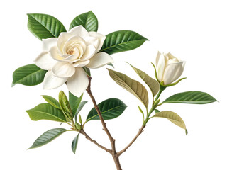 Obraz premium Beautiful white gardenia flower with green leaves isolated on transparent background