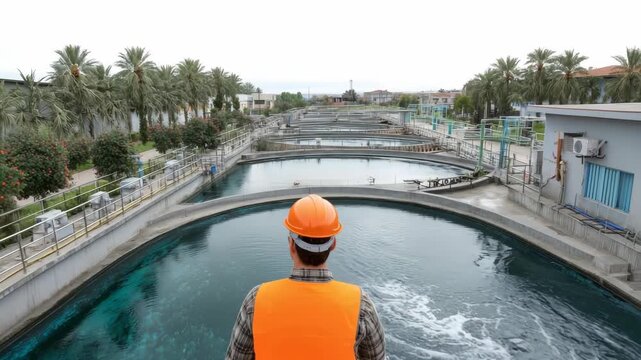 Worker overseeing the water treatment process at a facility. Man in safety gear inspecting water purification.