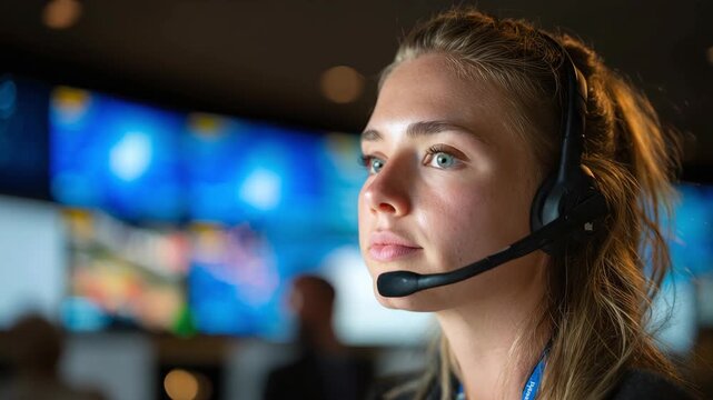 Focused female call center employee wearing a headset, with blue eyes and blonde hair, against a backdrop of out-of-focus screens in a monitoring environment.