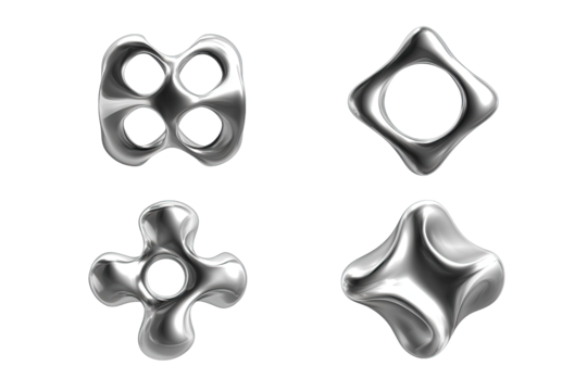Four metallic, abstract shapes,  smooth,  3D renderings