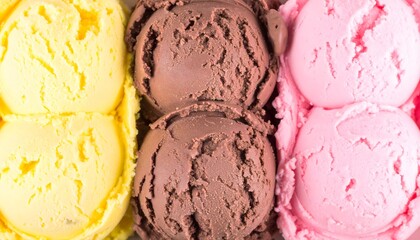 Scoops of vanilla, chocolate, and strawberry ice cream. Ideal for dessert menus, summer promotions, and foodrelated designs.