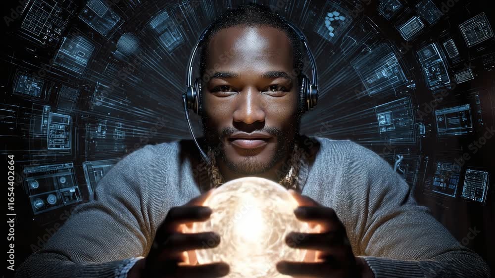 Poster tech support professional holding a glowing digital orb, surrounded by graphical interfaces and digi