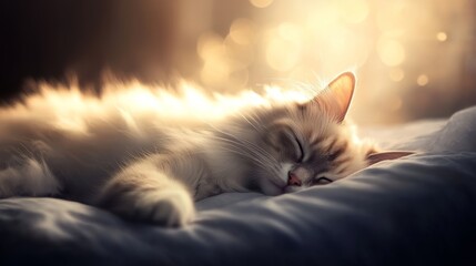 Adorable fluffy ragdoll cat with blue eyes sitting indoors, cute long-haired kitten relaxing on soft surface, charming domestic pet portrait for cozy home decor, animal lovers, and relaxing cat wallpa