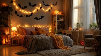 Cozy bedroom decorated for halloween with string lights, bats, and a carved pumpkin on a shelf near the bed