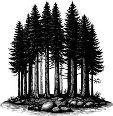 Black and white engraved forest silhouette illustration for nature and design