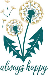 Illustration of dandelions with seeds and leaves with the words always happy below them