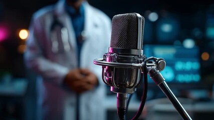 Medical podcast featuring a doctor discussing health topics on air with a retro microphone, against a dark blue background.