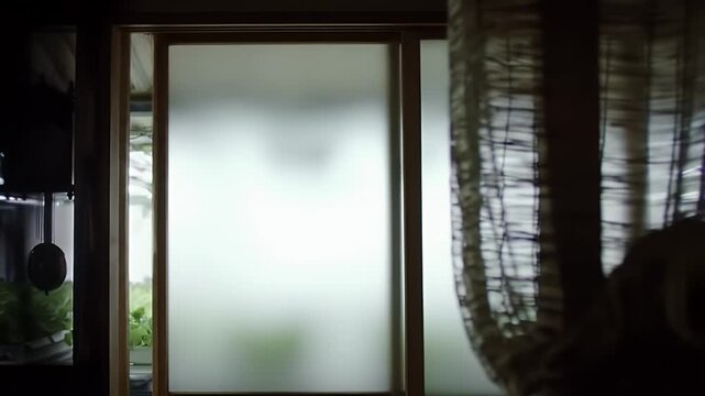 Rustic Vertical Farm Interior Featuring an Antique Pendulum Clock a Translucent Shoji Screen and Views of Lush Indoor Greenery Perfect for Sustainable Agriculture and Decoration with a Focus on Time