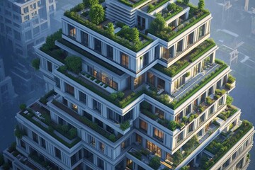Symmetrical skyscraper features layered terraces adorned with lush greenery in an urban environment