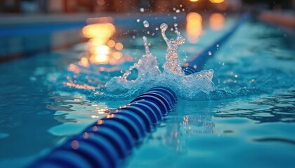 Pool lane rope with splashing water, blurred background lights suggest evening swim practice. Water surface shows ripples and bubbles from swimmer activity. Blue and white striped rope marks lane.