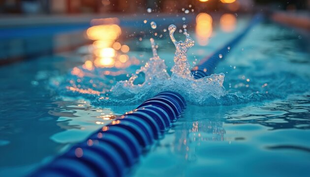 Pool lane rope with splashing water, blurred background lights suggest evening swim practice. Water surface shows ripples and bubbles from swimmer activity. Blue and white striped rope marks lane.