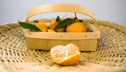 Mandarin oranges in a small woven basket, ideal for food blogs, chinese new year promotions, fruit concept designs.