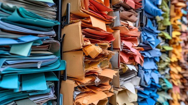 Disorganized archive with messy paper files and chaotic stacks of documents. Cluttered office records and paperwork symbolizing overload, bureaucracy, and information management issues. - Powered by Adobe