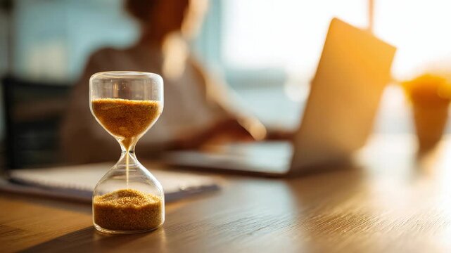 Time Management: An hourglass stands on a desk next to a person working on a laptop, illustrating time management and deadlines.