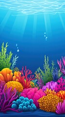 A vibrant illustration of an underwater coral reef teeming with marine life, but with no animals present.