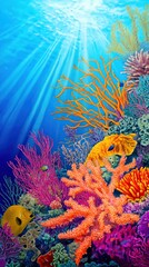 A vibrant illustration of an underwater coral reef teeming with marine life, but with no animals present.