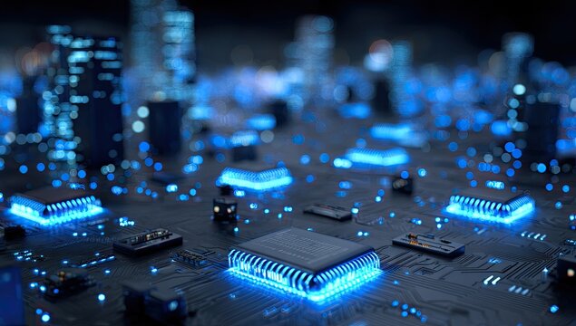 Futuristic cityscape integrated with glowing circuit boards.  Intricate network of processors and connections are highlighted by a vibrant blue light