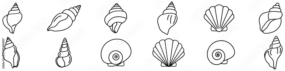 Poster black and white outline seashells. simple linear images of sea shells isolated on white background. 