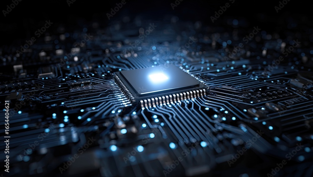 Poster close-up of a central processing unit (cpu) on a circuit board. glowing chip in focus, dark backgrou