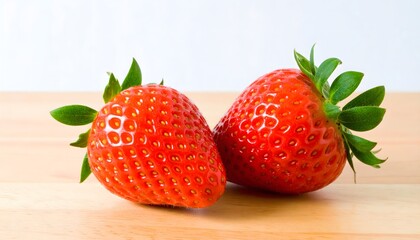 Two ripe strawberries on wooden surface suitable for food blogs, summer recipes, healthy eating concepts, fruity beverage ads.