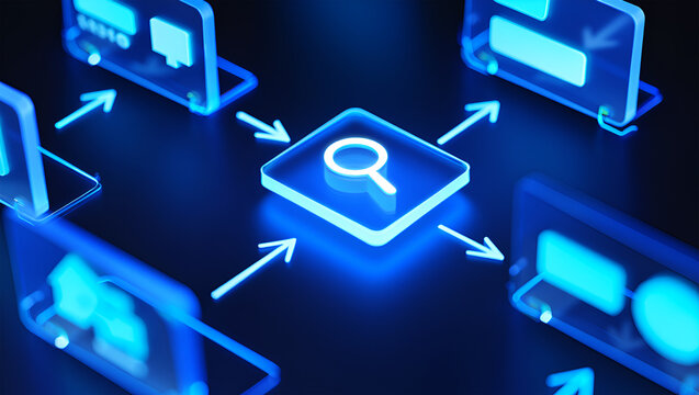 Glowing blue digital network with search icon and data flow technology connection