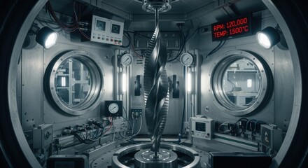 Interior view of a spintest chamber with a hydrogen turbine blade mounted for highspeed rotation and stress testing under extreme conditions.