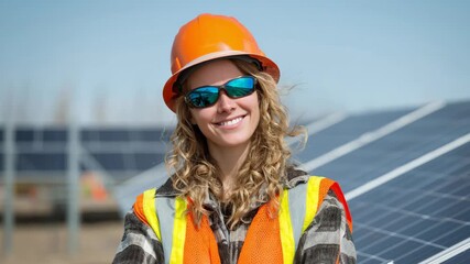 Smiling solar panel installer in safety gear and helmet stands in front of a solar panel array on a sunny day, promoting green energy solutions.