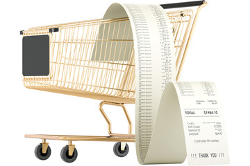 Golden shopping cart with long receipt, transparent background