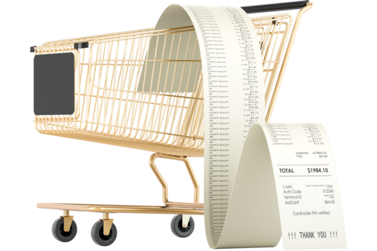 Golden shopping cart with long receipt, transparent background
