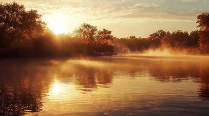 Obraz premium Golden sunrise over lake scenic landscape nature photography tranquil morning light reflection water trees