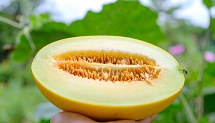 Freshly cut cantaloupe melon with seeds and orange flesh, ideal for food blogs, health articles, recipe cards, and social media posts.