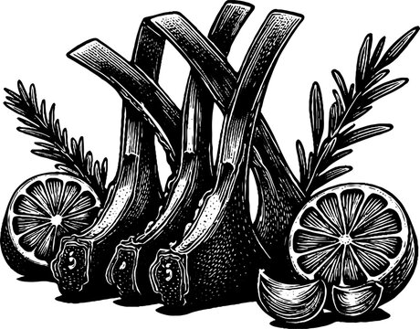black and white lamb chops with lemon and herbs clip art preview