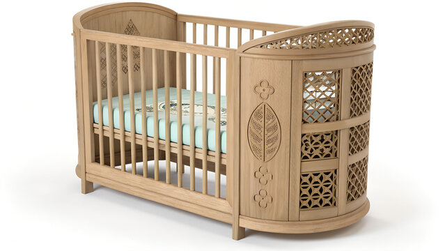 A light wooden baby crib with intricate carvings and a light blue patterned mattress inside it