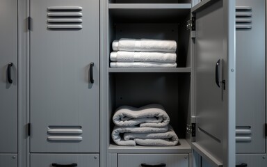 Organized towels in metal lockers for storage.