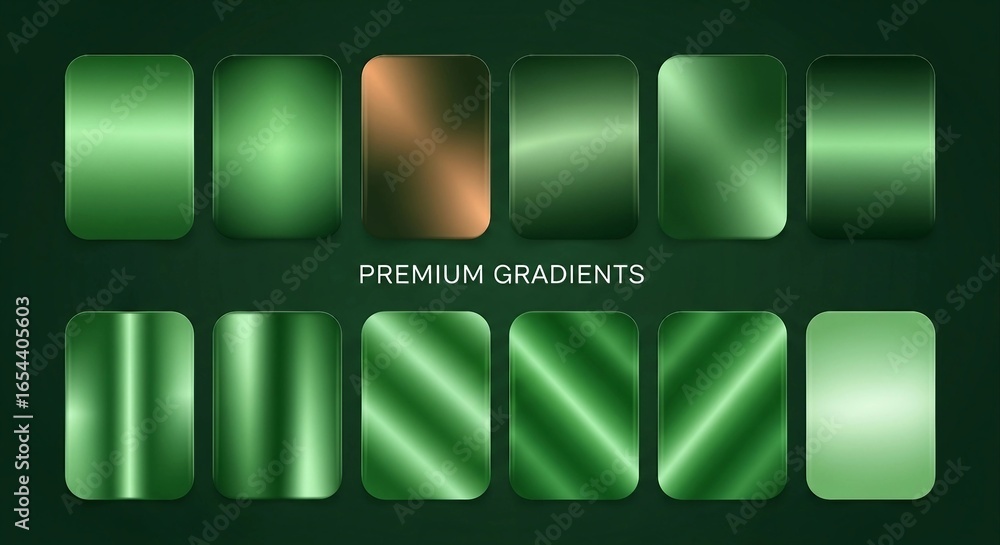 Poster emerald green gradient backgrounds set - shiny metallic texture collection for graphic design, web d