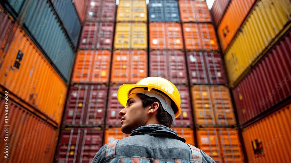Poster worker in hardhat looks up at stacked shipping containers in a port. the image focuses on logistics,